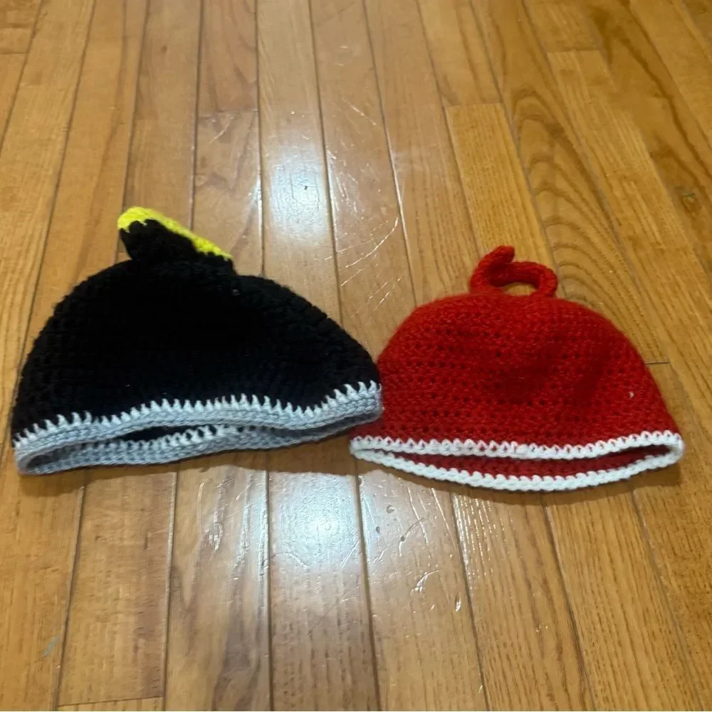 Two Angry Birds hand knit youth beanie hats